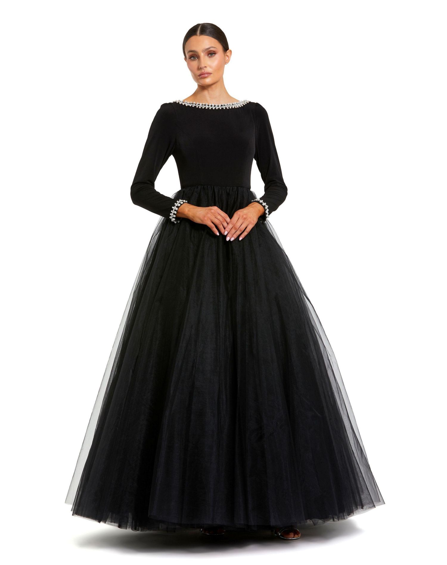 Women's Embellished Jersey Long Sleeve Ballgown With Tulle Skirt