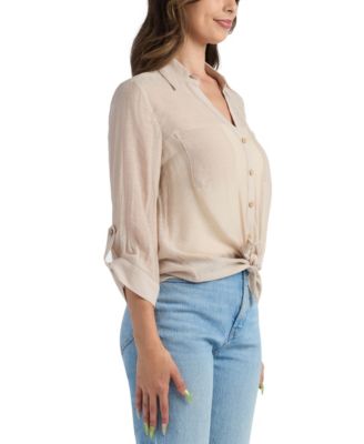 Juniors' Gauzy Texture Collared Button Up Shirt