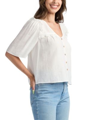 Juniors' Solid Crinkle V-Neck Top