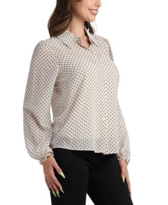 Juniors' Flocked Dot Long-Sleeve Shirt