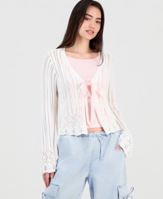 Juniors' Pointelle Tie-Front Cardigan