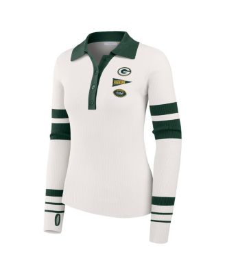 Women's White Green Bay Packers Ribbed Henley Polo Shirt