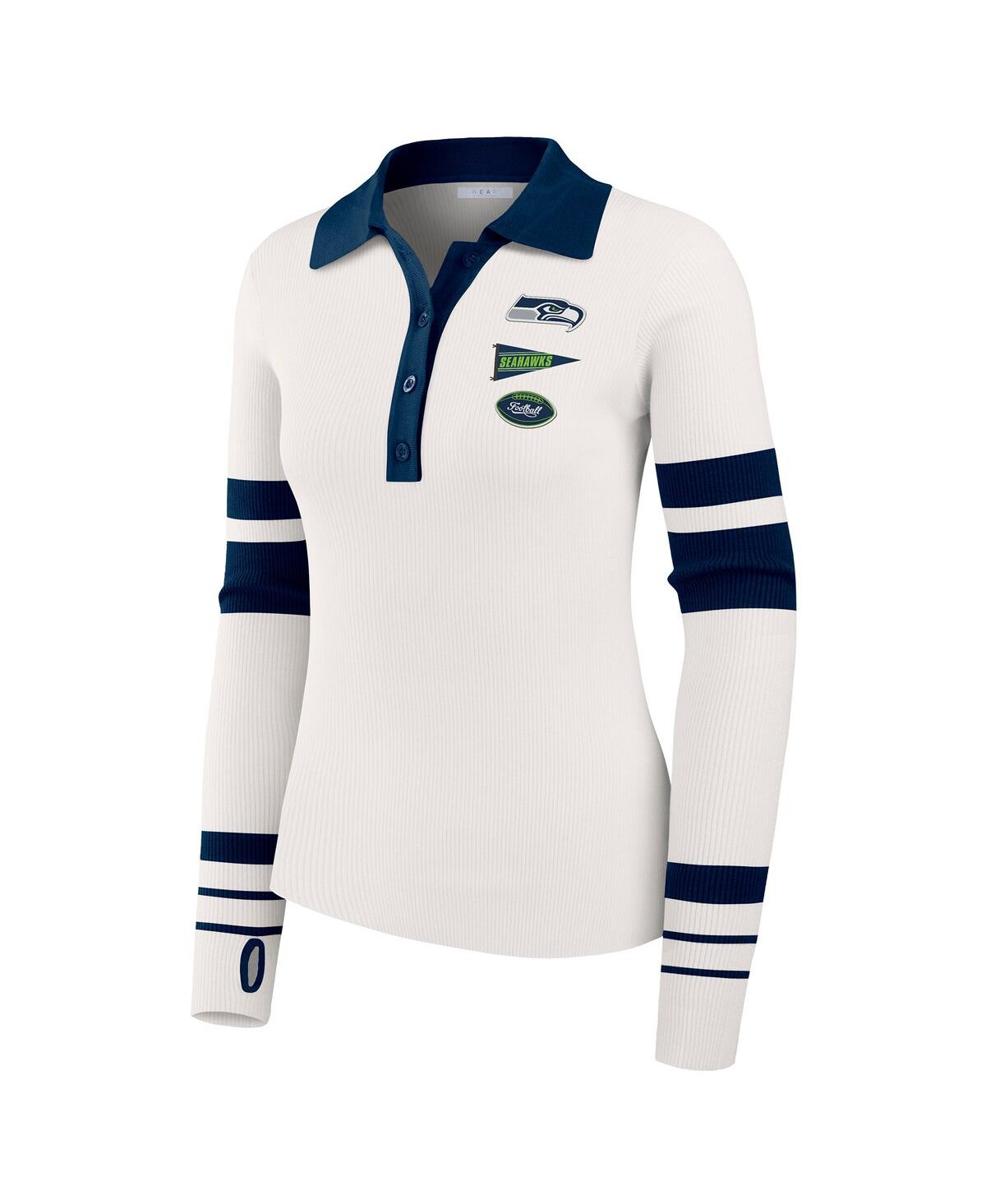 Wear by Erin Andrews Women's White Seattle Seahawks Ribbed Henley Polo Shirt