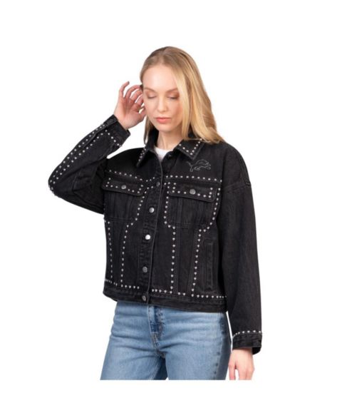 Женские куртки G-III 4Her by Carl Banks Women's Black Detroit Lions Pit Stop Crew II Full-Button Denim Jacket