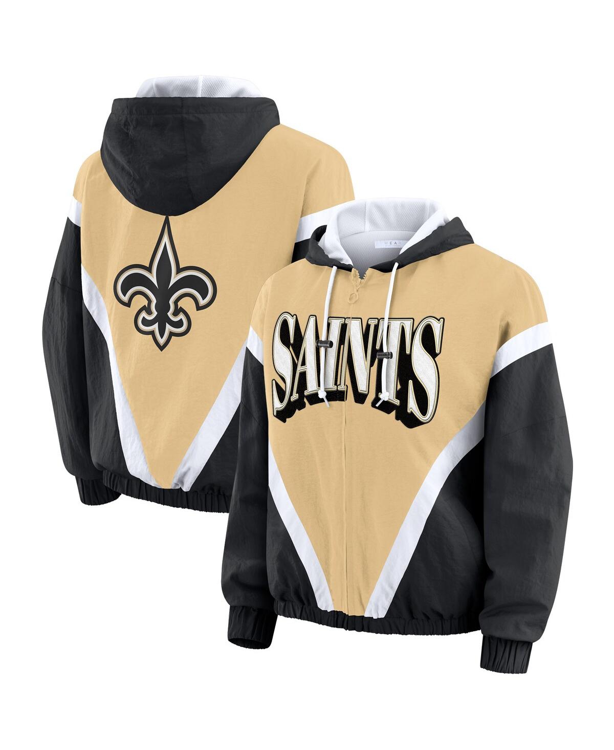 Wear by Erin Andrews Women's Gold/Black New Orleans Saints Retro Crinkle Full-Zip Hoodie Windbreaker