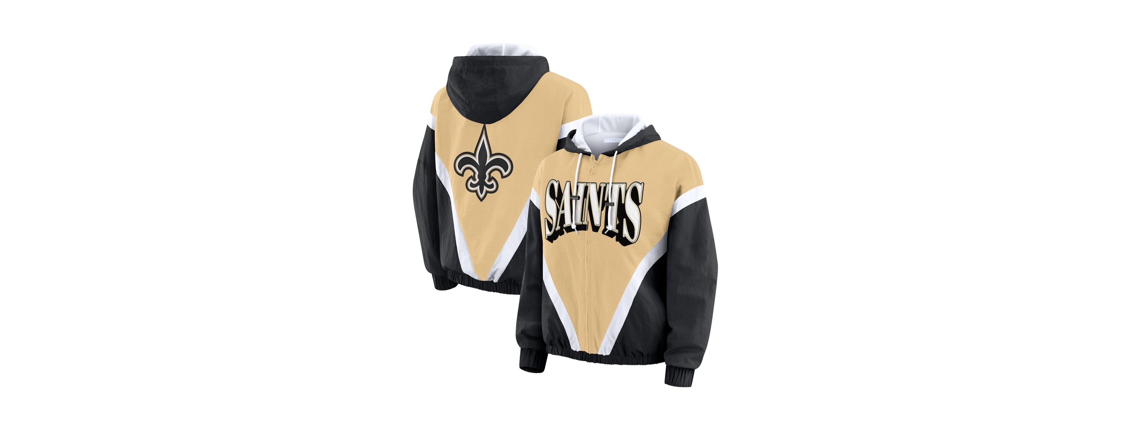 Wear by Erin Andrews Women's Gold/Black New Orleans Saints Retro Crinkle Full-Zip Hoodie Windbreaker