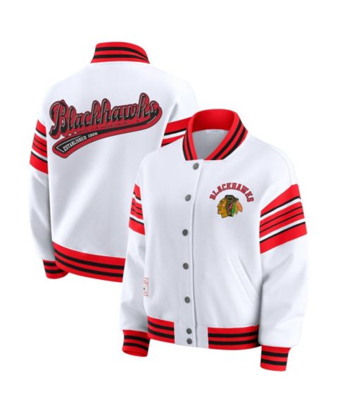 Женские худи WEAR by Erin Andrews Women's White/Red Chicago Blackhawks Full-Snap Fleece Sweatshirt Jacket