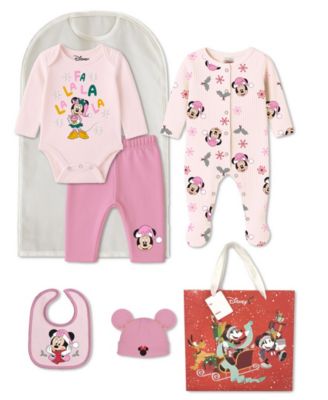 Disney - Baby Girls 5-Piece Minnie Mouse Coverall, Bodysuit, Cap, Bib and Pants Set