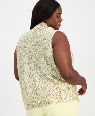 Plus Size Printed Sleeveless Tie-Neck Blouse