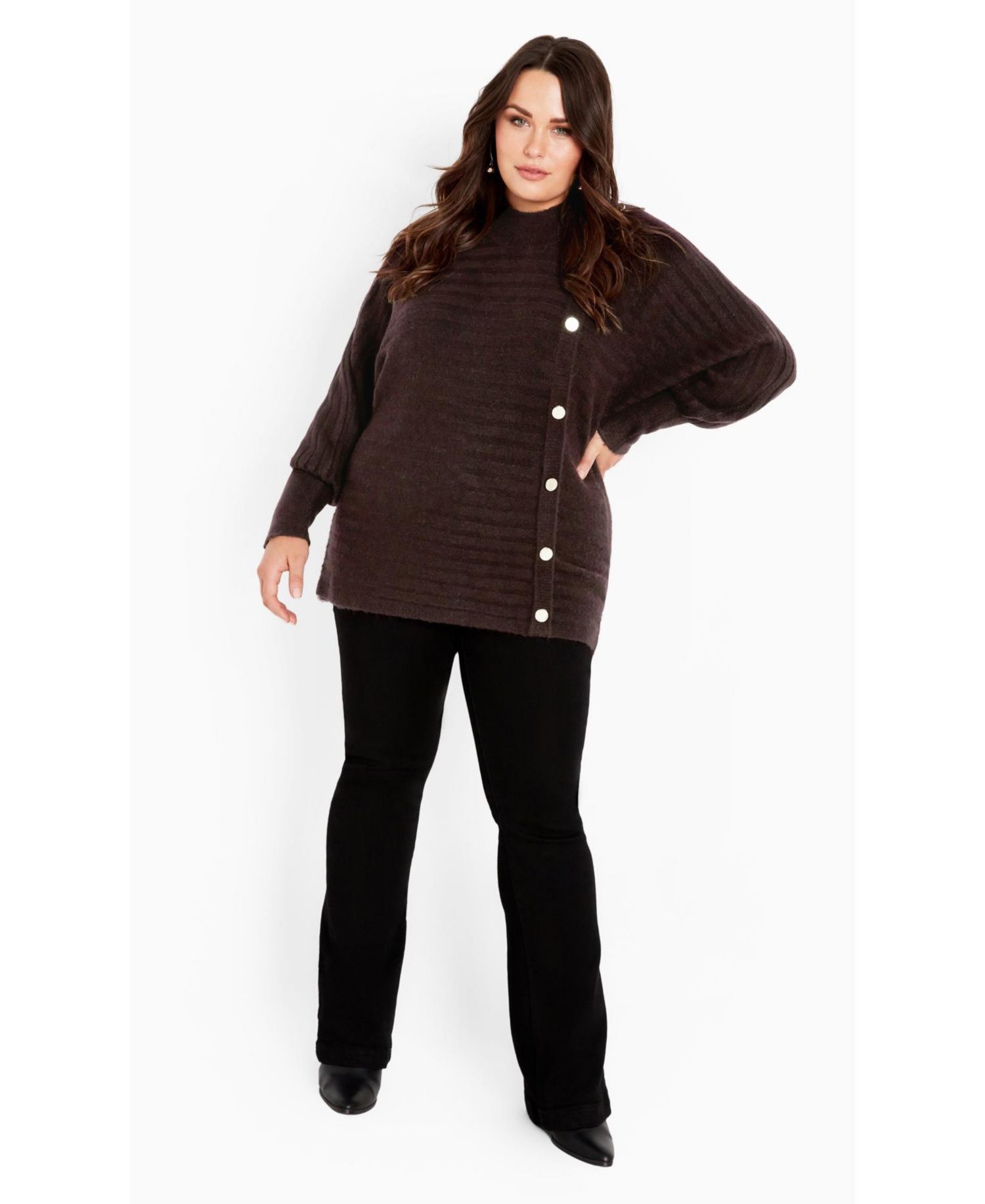 Women's Plus Size Beata Asymmetrical Button Knit Sweater
