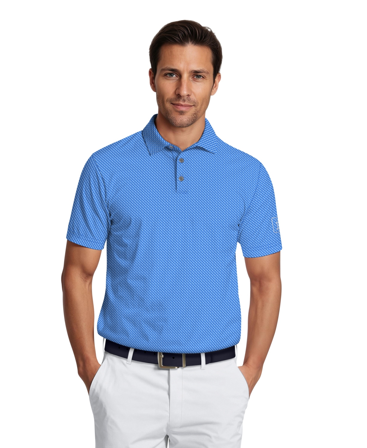 Pga Tour Men's Micro Geometric Print Short-sleeve Golf Polo Shirt In Blue