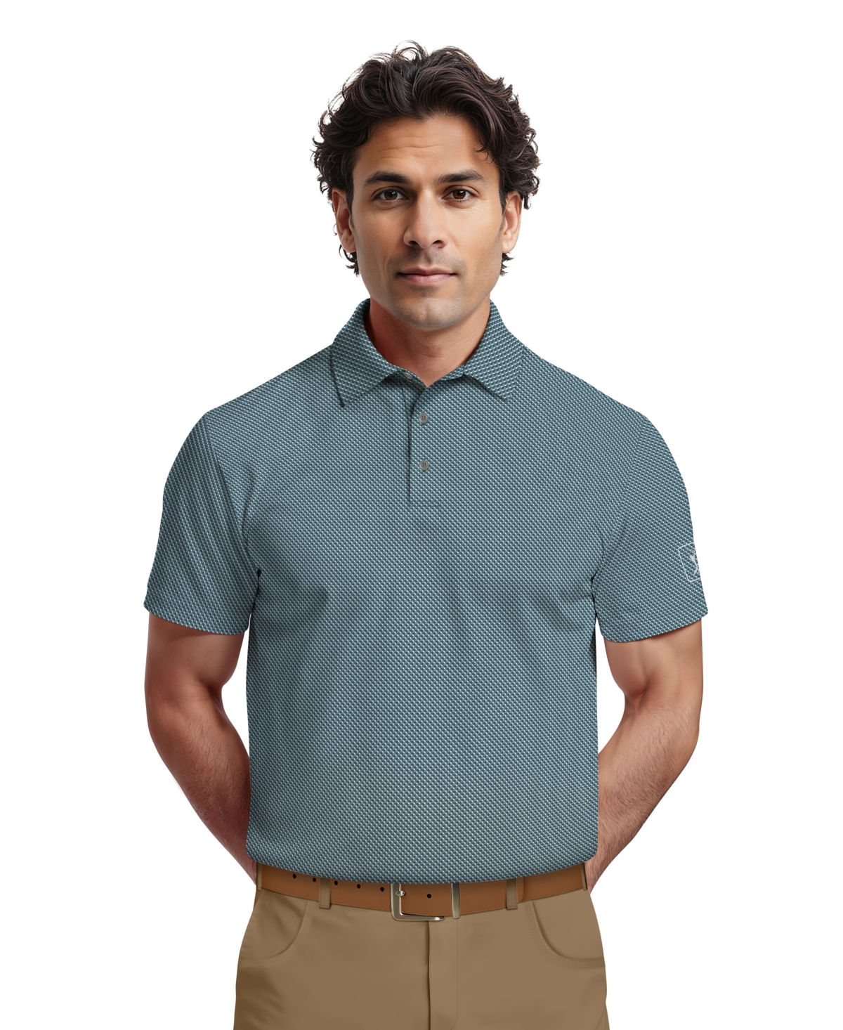 Pga Tour Men's Micro Geometric Print Short-sleeve Golf Polo Shirt In Green