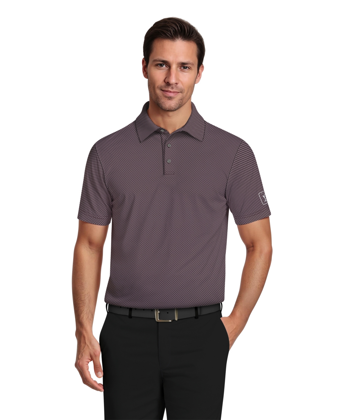 Pga Tour Men's Micro Geometric Print Short-sleeve Golf Polo Shirt In Purple