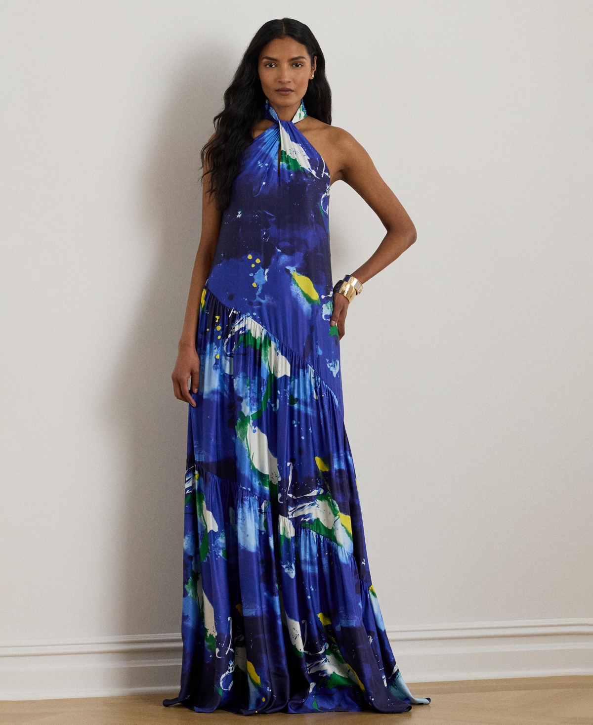 Lauren Ralph Women's Abstract-Print Shantung Halter Gown