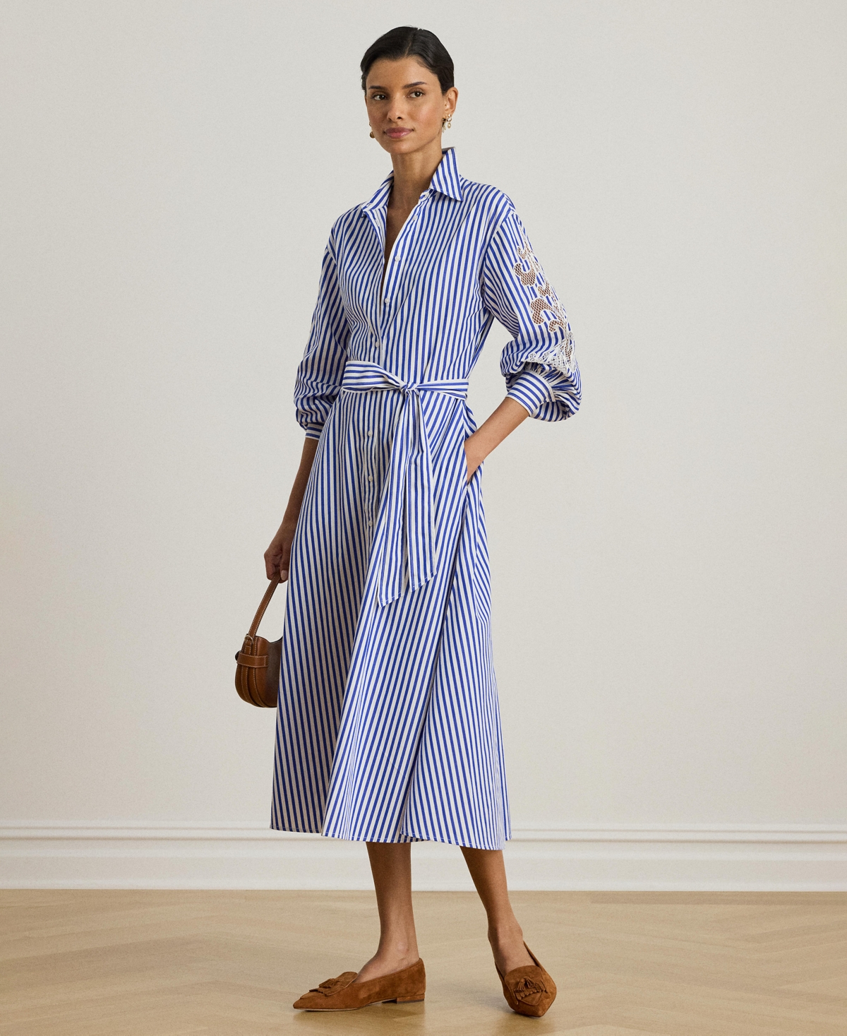 Lauren Ralph Women's Striped Eyelet Broadcloth Belted Shirtdress