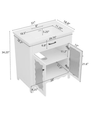31 Inch Bathroom Vanity with Tempered Glass Modern Bathroom Cabinet with Rubber Wood Legs and Soft Close Doors Freestanding Storage White