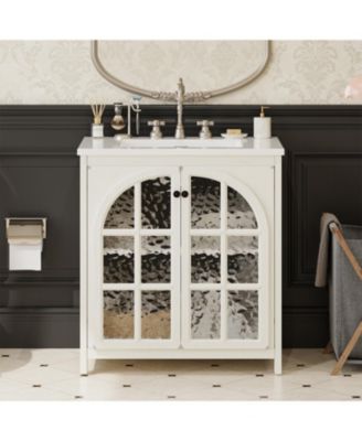 31 Inch Bathroom Vanity with Ceramic Sink Faux Aged Finish Vintage Rustic Bathroom Cabinet with Bronze Pulls and 2 Soft Closing Doors