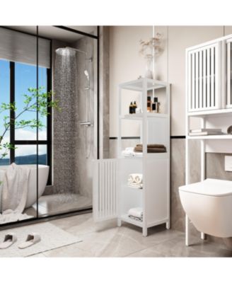 52 Inch Tall White Linen Tower Bamboo Storage Cabinet Freestanding Storage Cabinet for Bathroom Bedroom and Living Room