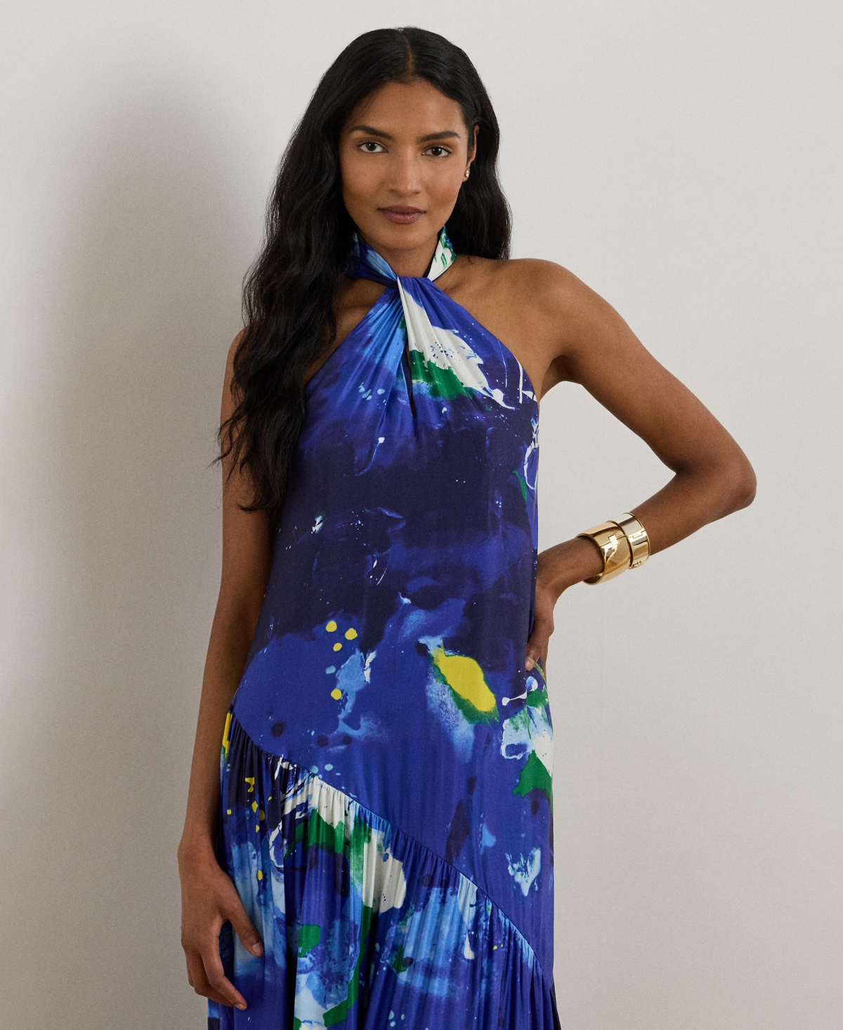 Lauren Ralph Women's Abstract-Print Shantung Halter Gown
