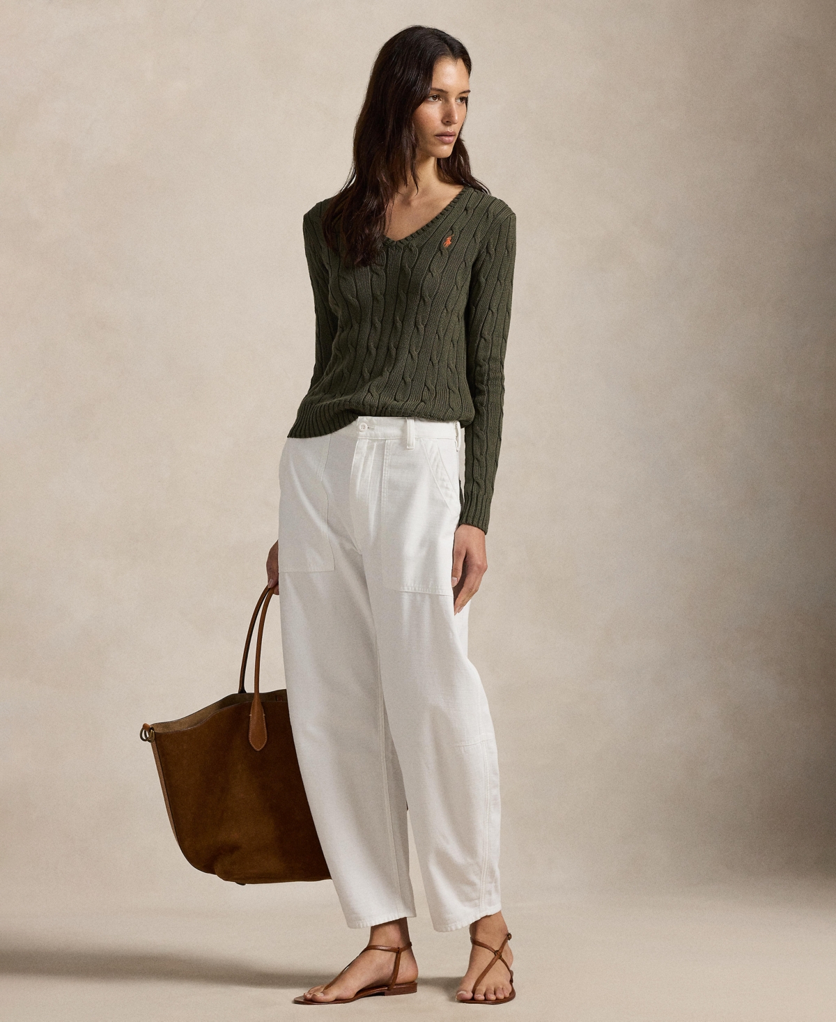 Polo Ralph Lauren Women's Cable-knit Cotton V-neck Sweater In Green