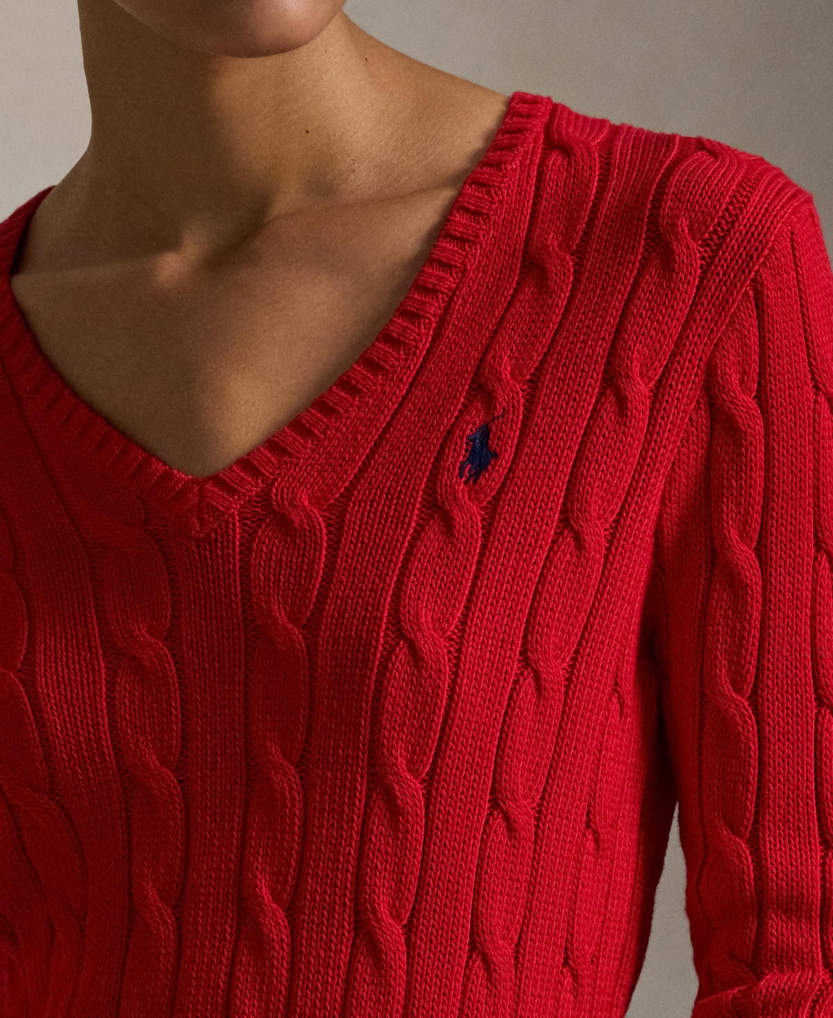 Polo Ralph Lauren Women's Cable-knit Cotton V-neck Sweater In Red