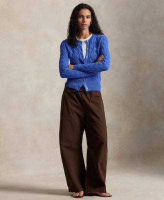 Women's Cable-Knit Cotton Crewneck Cardigan Sweater