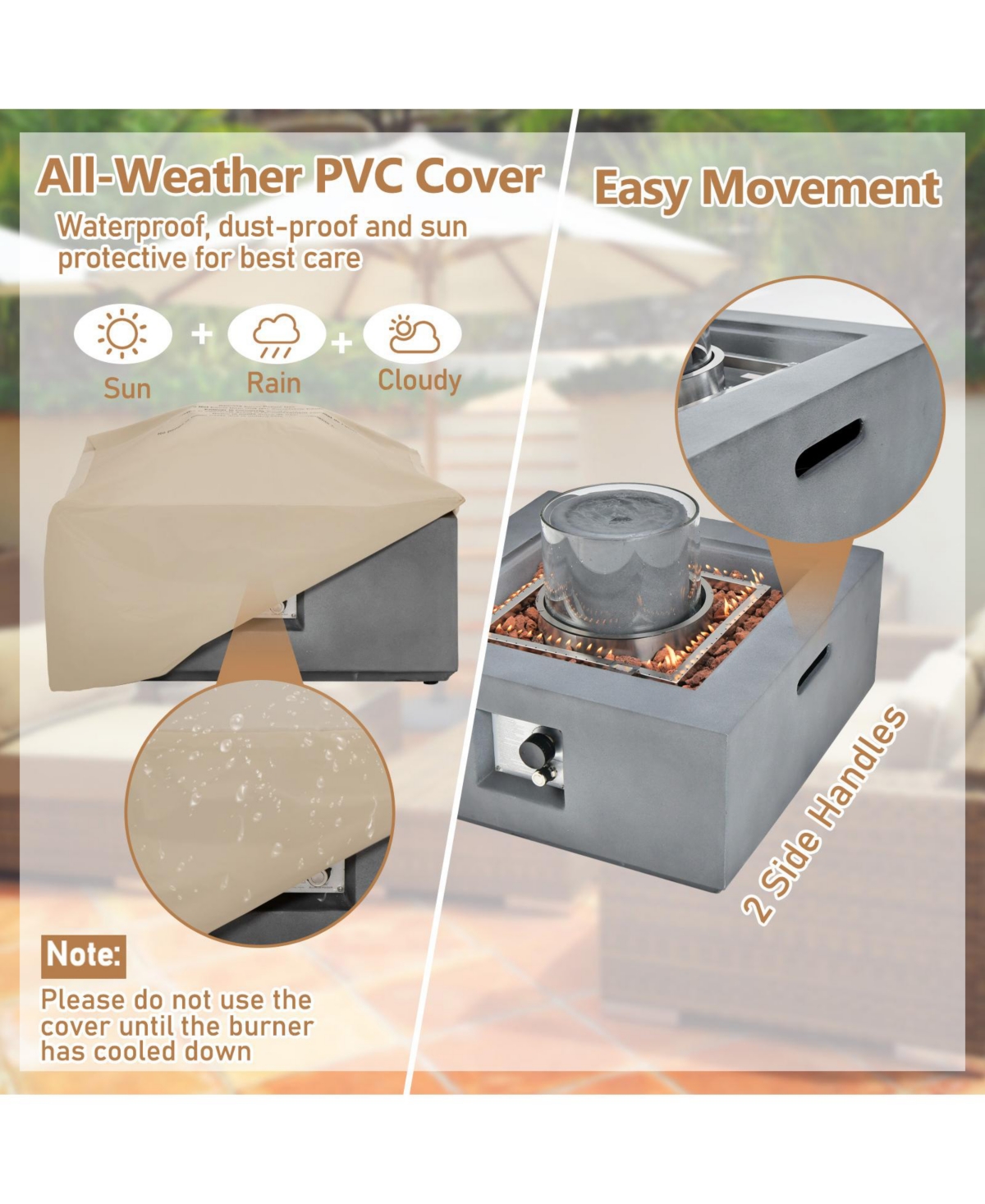 28 Inch 50000 Btu Patio Square Propane Fire Pit with Pvc Cover