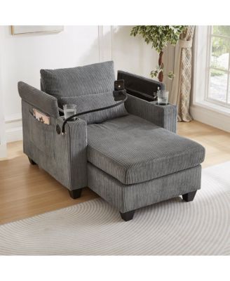 Convertible Chaise Lounge 37.4 Inches Sofa Chair Sofa Bed Corduroy Sleeper with USB Ports , Two Cup Holders, Phone Holder and Ample Storage Space