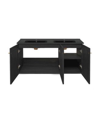 48" Wall-Mounted Bathroom Vanity in Black Oak with Black Double Basin Sink Top