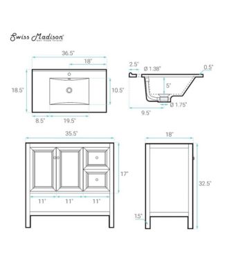 Chateau 36" Freestanding Bathroom Vanity in White Oak with Sink Top