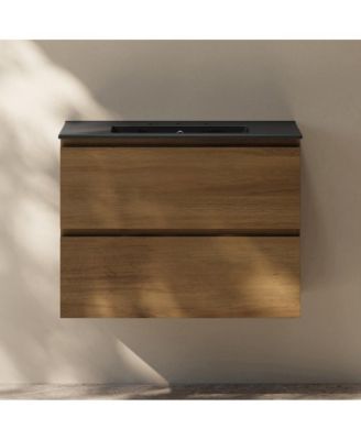 30" Wall-Mounted Bathroom Vanity in Brown Oak, Black 3-Hole Widespread Sink Top