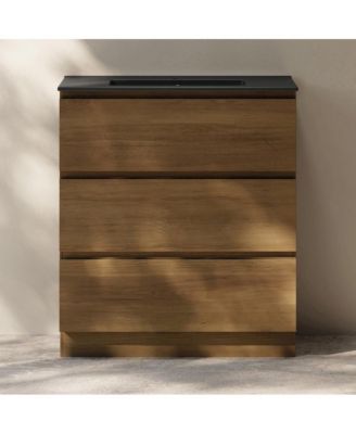 Liberte 30" Freestanding Bathroom Vanity in Brown Oak with Black Sink Top