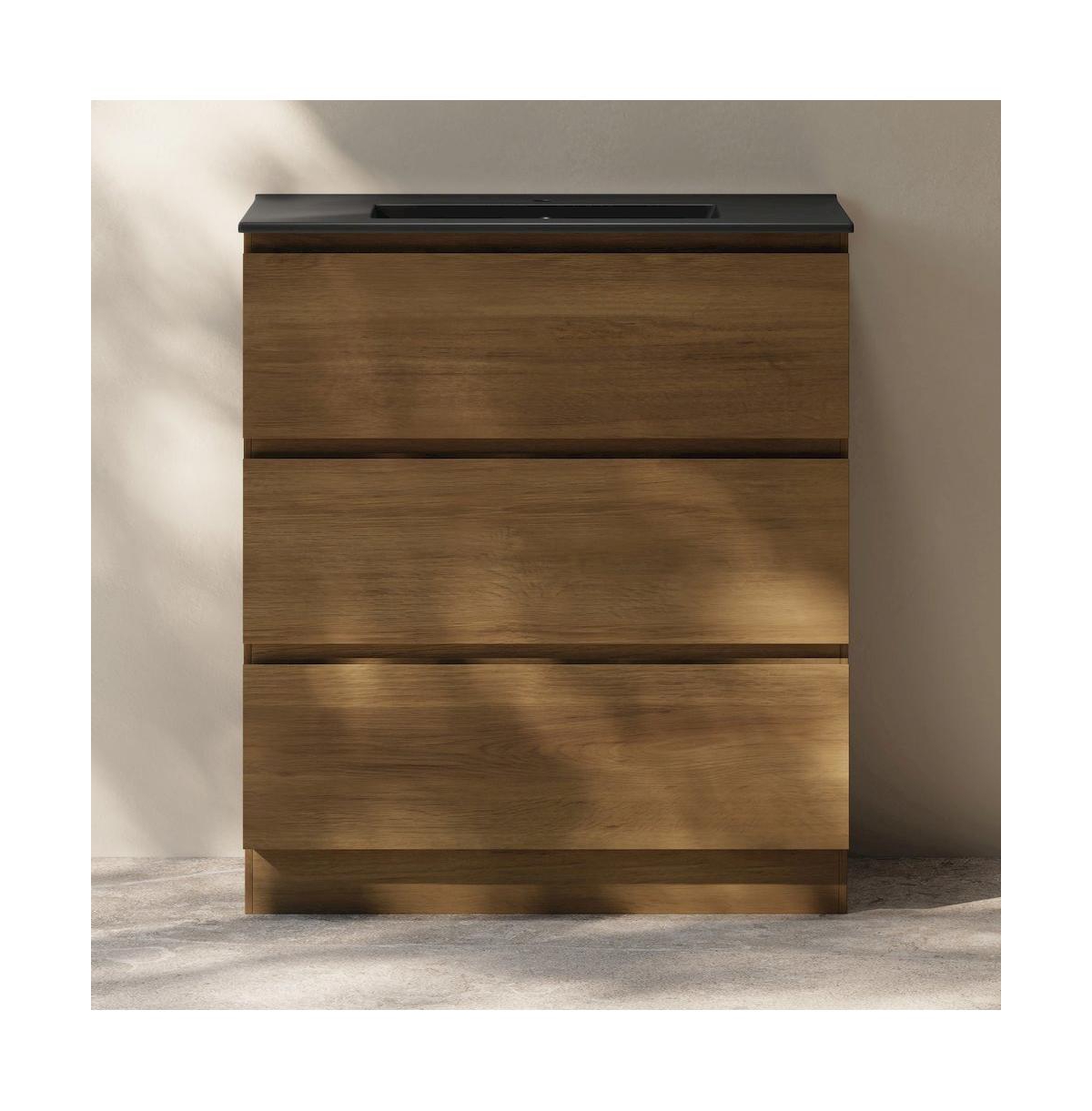 Liberte 30" Freestanding Bathroom Vanity in Brown Oak with Black Sink Top