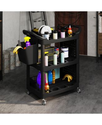 3-Tier Rolling Tool Cart, Utility Cart with Side Shelf & Hook