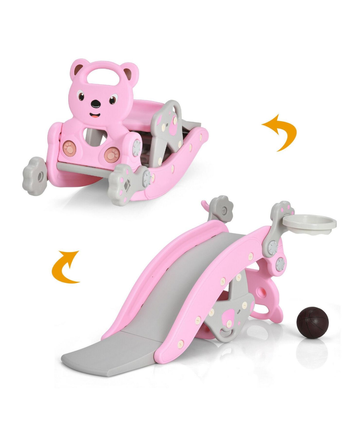 Детский игровой набор Mecale 4-in-1 Toddler Slide and Rocking Horse Playset with Basketball Hoop, Ages 1-5, цвет: Розовый — фото 1