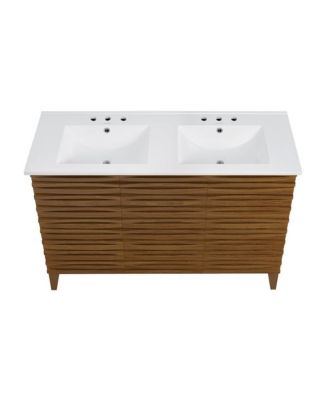 48 in. Brown Oak, Double Basin Bathroom Vanity, White, 3-Hole Ceramic Sink Top