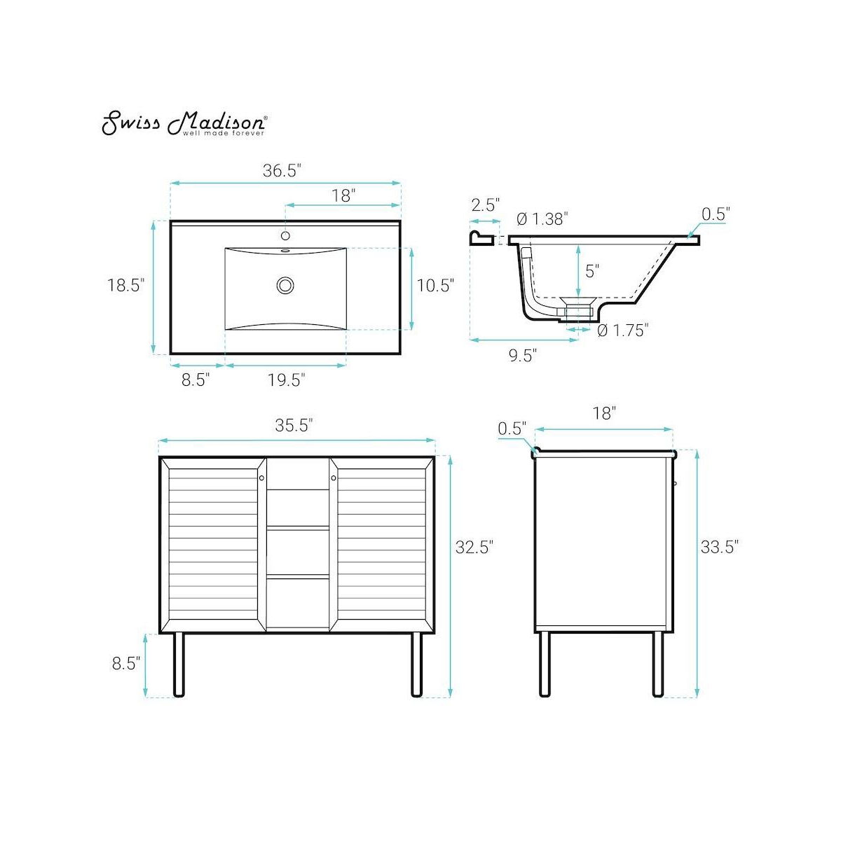 Swiss Madison Bron 36" Freestanding Bathroom Vanity in Brown Oak with Sink Top