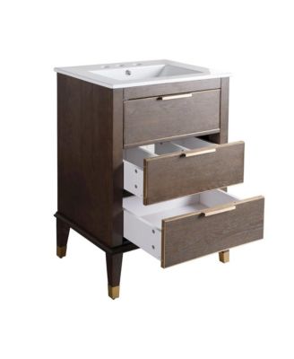 Hugo 24 in. Brown Oak Bathroom Vanity With White, 3-Hole Ceramic Sink Top