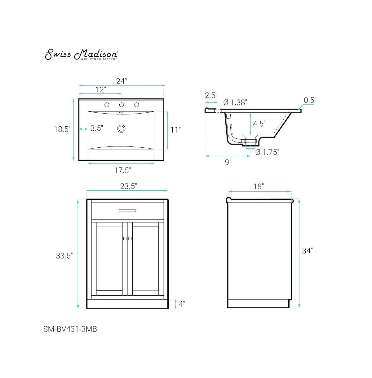 Swiss Madison Burdon 24" Freestanding Bathroom Vanity, White, Black 3-Hole Centerset Sink Top