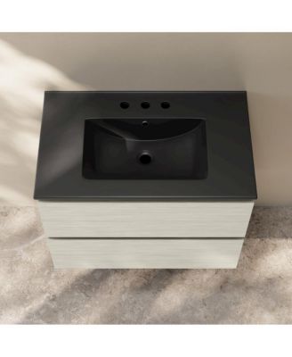 30" Wall-Mounted Bathroom Vanity in White Oak, Black 3-Hole Widespread Sink Top