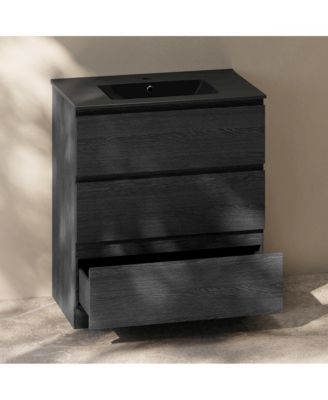 Liberte 30" Freestanding Bathroom Vanity in Black Oak with Black Sink Top