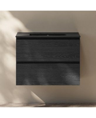 30" Wall-Mounted Bathroom Vanity in Black Oak, Black 3-Hole Widespread Sink Top