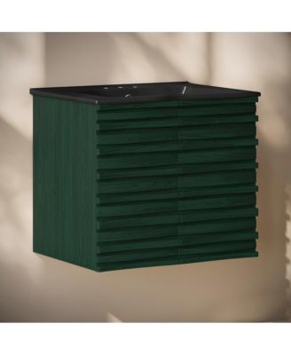 24" Wall-Mounted Bathroom Vanity in Green Oak, Black 3-Hole Centerset Sink Top