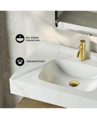 36" Wall-Mounted Bathroom Vanity in Natural Oak with White Marble Sink Top