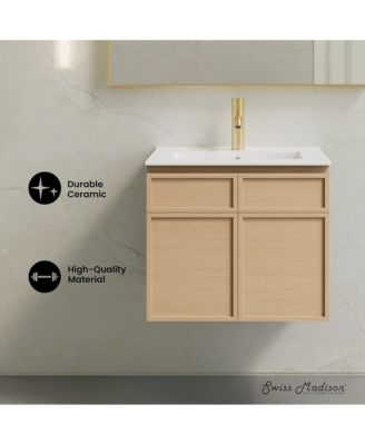 24" Natural Oak Ceramic Scratch-Resistant Wall-Mount Vanity with Soft-Close Doors & Sink Top
