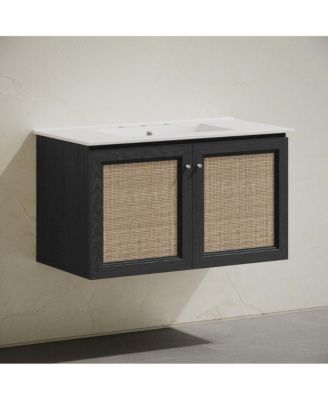 36" Black Oak Ceramic Scratch-Resistant Soft-Close Doors & Widespread Faucet Sink Top Wall-Mount Bathroom Vanity