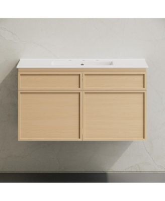 36" Wall-Mounted Bathroom Vanity in Natural Oak with 3-Hole Widespread Sink Top