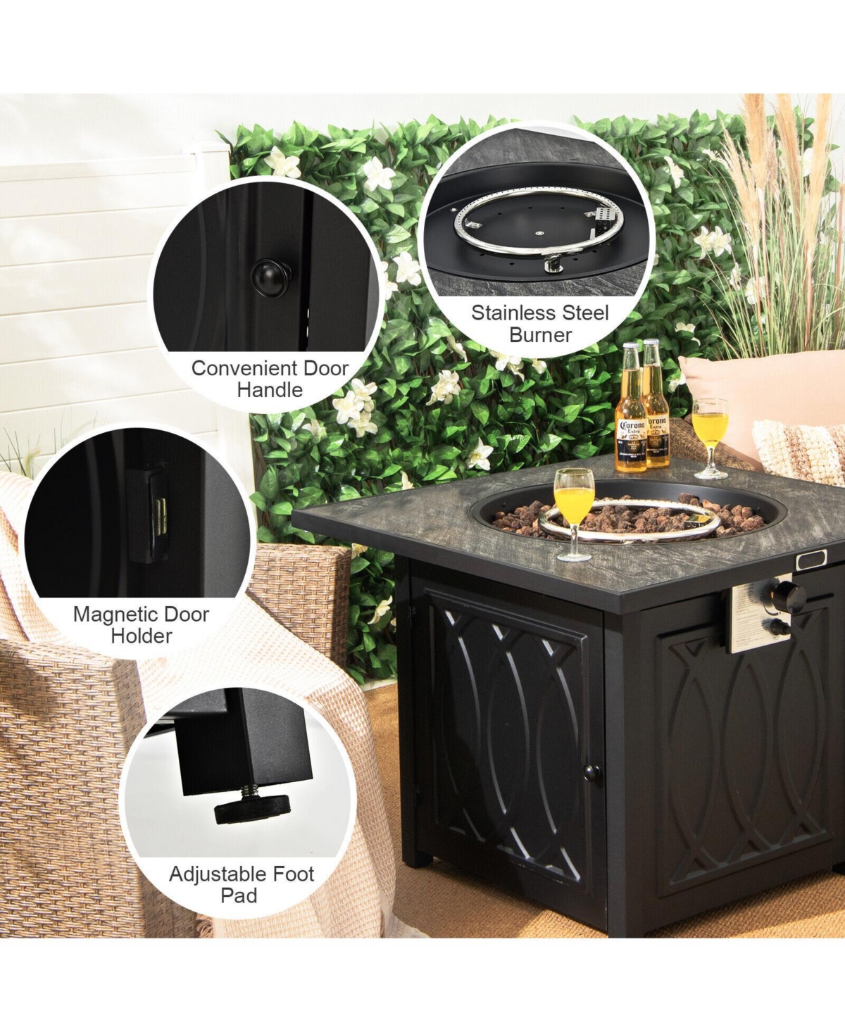 32 Inch Propane Fire Pit Table Square Tabletop with Lava Rocks Cover 50000 Btu