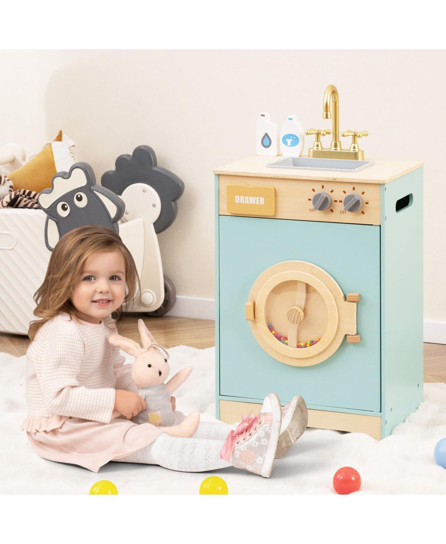 Детский игровой набор Mecale Wooden Washing Machine Playset with Realistic Sounds, 3-Piece, Ages 3+, цвет: Синий — фото 7