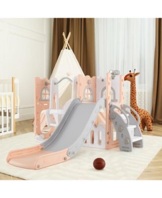 7-in-1 Toddler Swing and Slide Set L-shaped with Ladder and Basketball Hoop